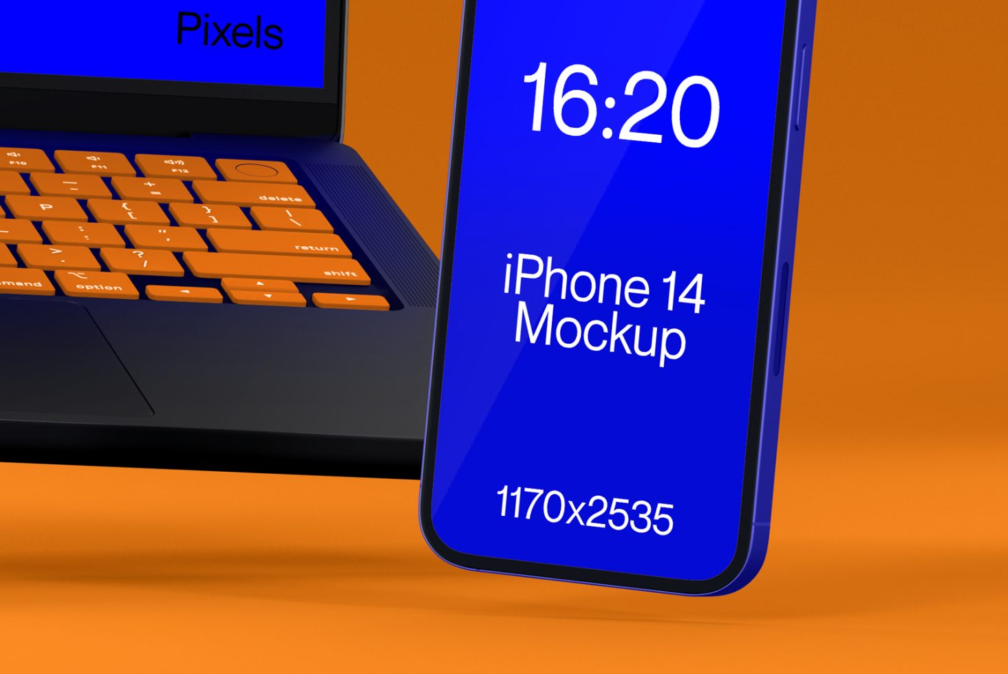 Professional iPhone 14 mockup leaning against laptop keyboard, blue screen display with resolution label, ideal for app design presentation.